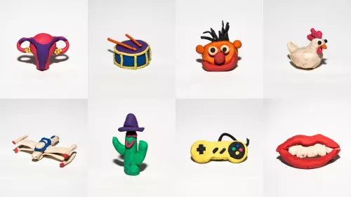 Auf dem Foto sind 8 bunte Knetobjekte zu sehen. Von oben links nach unten rechts: Uterus, Trommel, Ernie, Huhn, Star-Wars Raumschiff, Kaktus, Playstation, Mund. 