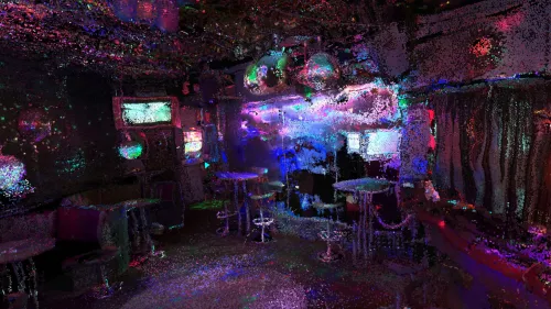 Colorful circular dots in varying density on a black background make out what appears to be the interior of a bar, including standing tables and disco balls.