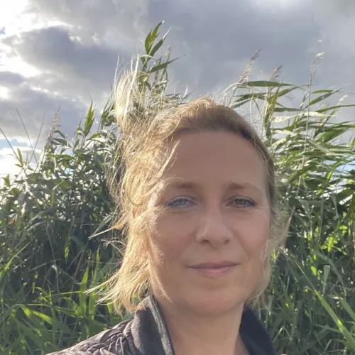 A woman stands outdoors with the wind blowing her hair across her face. Clouds move across the sky, with sunlight shining through. In the background, tall reeds sway visibly in the wind.