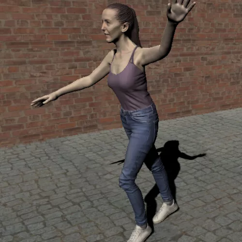 Das Bild zeigt einen Avatar von Fernanda Ortiz. Sie trägt blaue Jeans, ein lila Oberteil, weiße Turnschuhe und läuft durch die Stadt.  