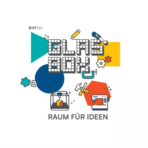 Grafische Darstellung "Raum für Ideen" der BHT Berliner Hochschule für Technik  Das Bild zeigt eine moderne Illustration der BHT mit dem Logo oben links. Die Darstellung besteht aus geometrischen Gebäude- und Blockstrukturen in der Mitte, umgeben von farbigen Gestaltungselementen in Türkis, Blau, Gelb und Rot. Verschiedene Technologie-Symbole wie Bleistift, Bohrer, Zahnräder, ein 3D-Drucker mit Druckobjekt und ein Laptop sind in die Komposition integriert. Am unteren Bildrand steht der Text "RAUM FÜR IDEEN"