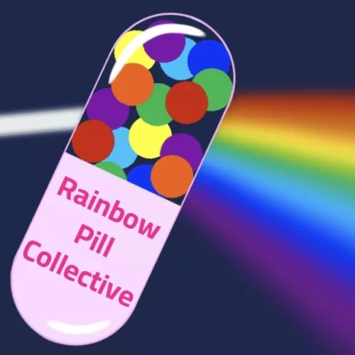 Logo of the rainbow pill collective: A colourful pill in front of a rainbow spectrum