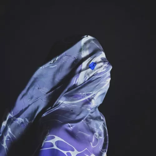 The profile of a person covered by a silk scarf 